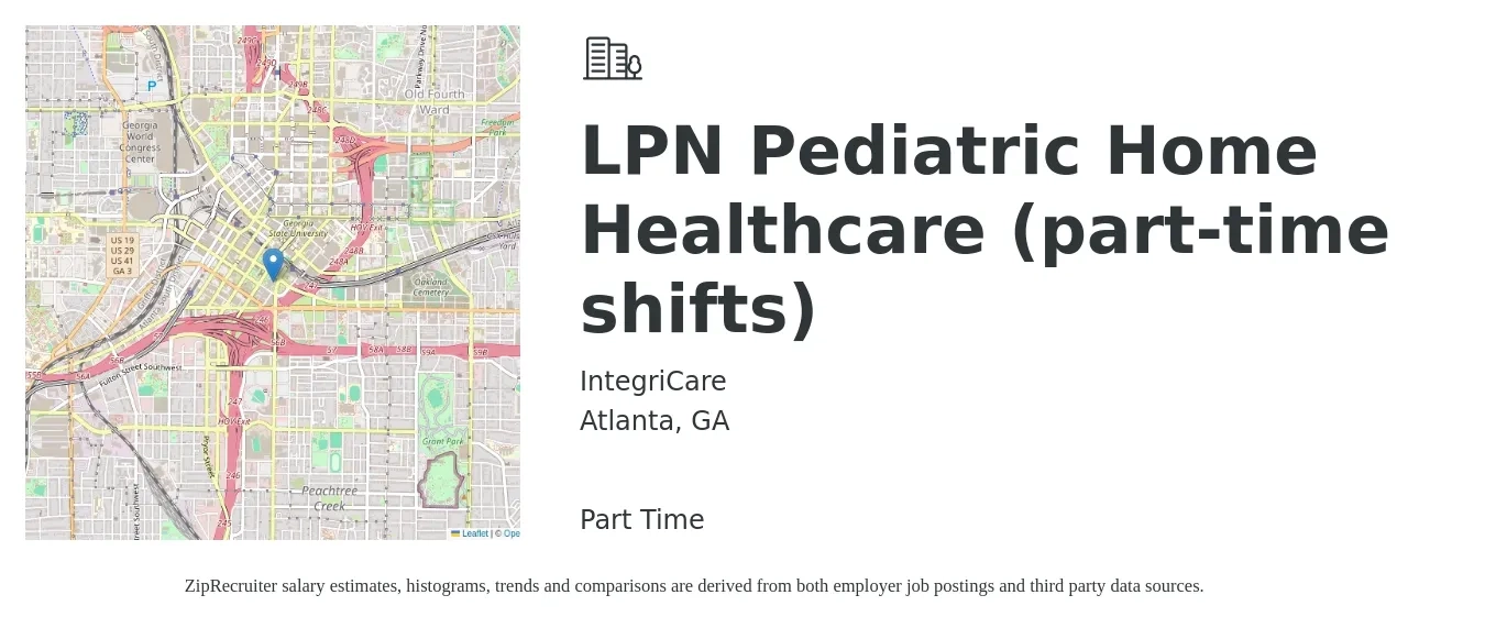IntegriCare job posting for a LPN Pediatric Home Healthcare (part-time shifts) in Atlanta, GA with a salary of $25 to $33 Hourly with a map of Atlanta location.