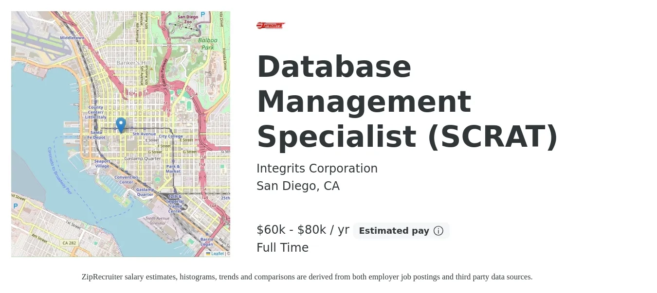 Integrits Corporation job posting for a Database Management Specialist (SCRAT) in San Diego, CA with a salary of $60,700 to $80,600 Yearly with a map of San Diego location.