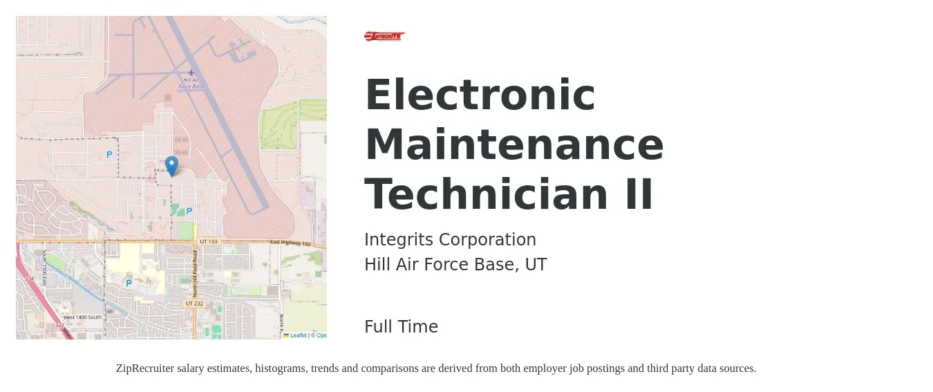 Integrits Corporation job posting for a Electronic Maintenance Technician II in Hill Air Force Base, UT with a salary of $21 to $30 Hourly with a map of Hill Air Force Base location.