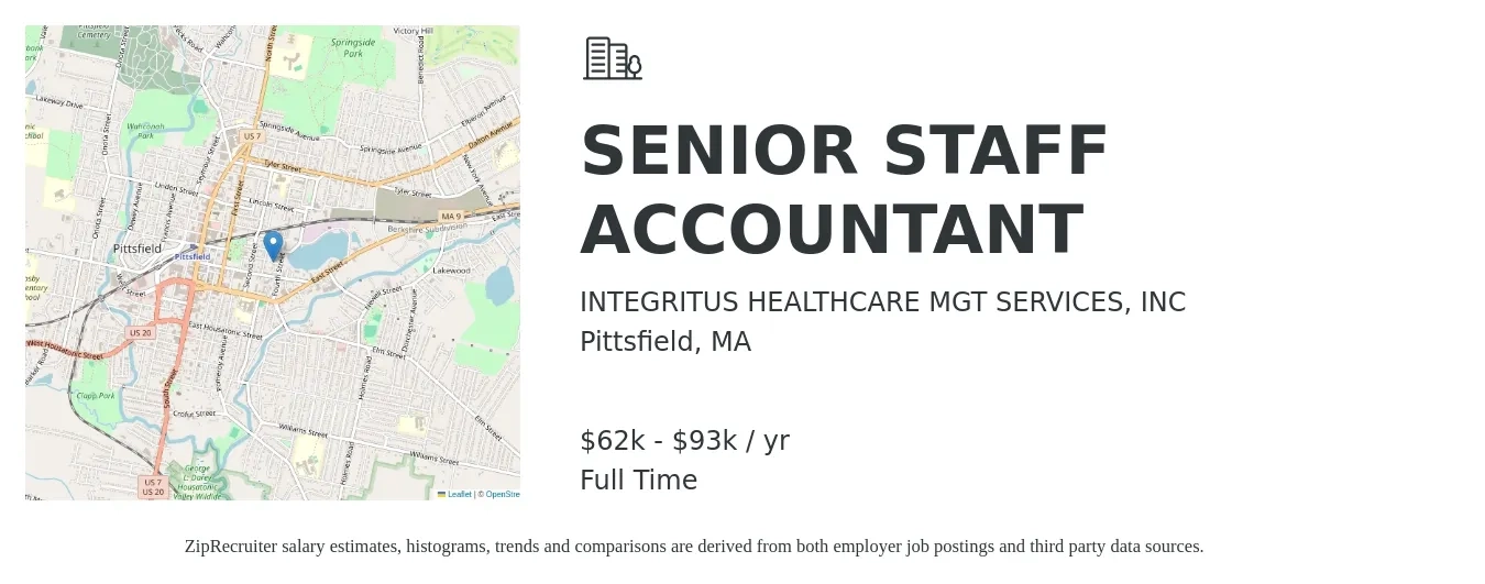 INTEGRITUS HEALTHCARE MGT SERVICES, INC job posting for a SENIOR STAFF ACCOUNTANT in Pittsfield, MA with a salary of $62,426 to $93,639 Yearly with a map of Pittsfield location.