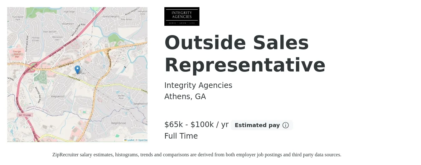 Integrity Agencies job posting for a Outside Sales Representative in Athens, GA with a salary of $65,000 to $100,000 Yearly with a map of Athens location.