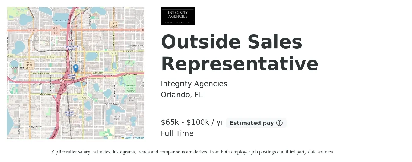 Integrity Agencies job posting for a Outside Sales Representative in Orlando, FL with a salary of $65,000 to $100,000 Yearly with a map of Orlando location.