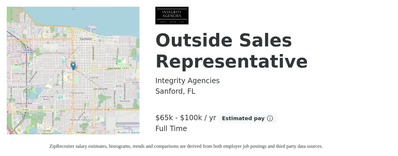 Integrity Agencies job posting for a Outside Sales Representative in Sanford, FL with a salary of $65,000 to $100,000 Yearly with a map of Sanford location.