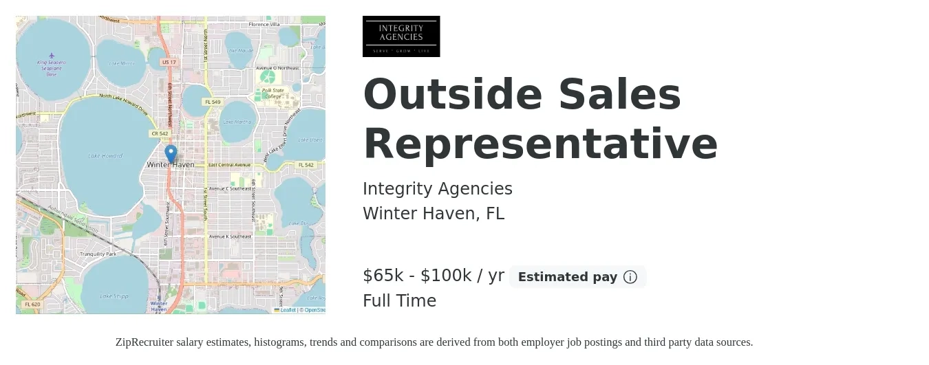 Integrity Agencies job posting for a Outside Sales Representative in Winter Haven, FL with a salary of $65,000 to $100,000 Yearly with a map of Winter Haven location.