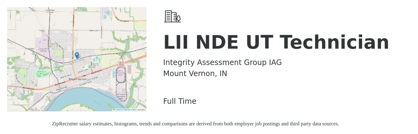 Integrity Assessment Group IAG job posting for a LII NDE UT Technician in Mount Vernon, IN with a salary of $16 to $22 Hourly with a map of Mount Vernon location.