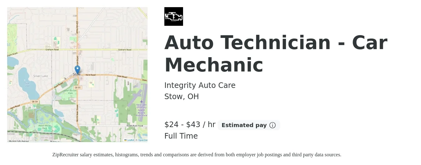 Integrity Auto Care job posting for a Auto Technician - Car Mechanic in Stow, OH with a salary of $25 to $45 Hourly with a map of Stow location.