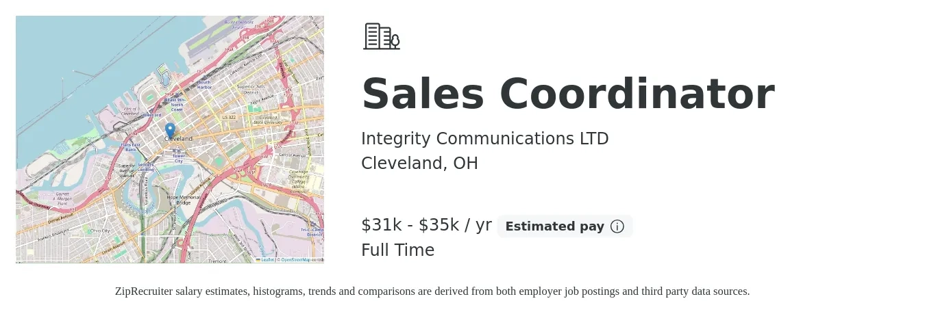 Integrity Communications LTD job posting for a Sales Coordinator in Cleveland, OH with a salary of $31,000 to $35,000 Yearly with a map of Cleveland location.