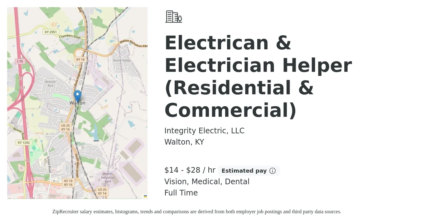 Integrity Electric, LLC job posting for a Electrican & Electrician Helper (Residential & Commercial) in Walton, KY with a salary of $15 to $30 Hourly and benefits including vision, dental, medical, and retirement with a map of Walton location.