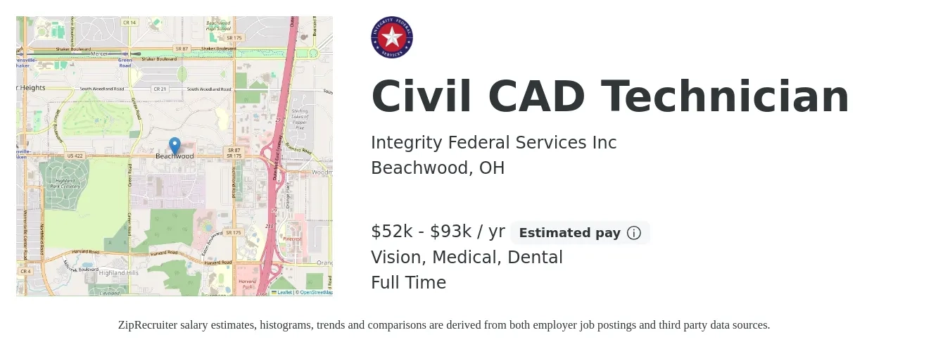 Integrity Federal Services Inc job posting for a Civil CAD Technician in Beachwood, OH with a salary of $52,000 to $93,600 Yearly and benefits including vision, dental, life_insurance, medical, pto, and retirement with a map of Beachwood location.