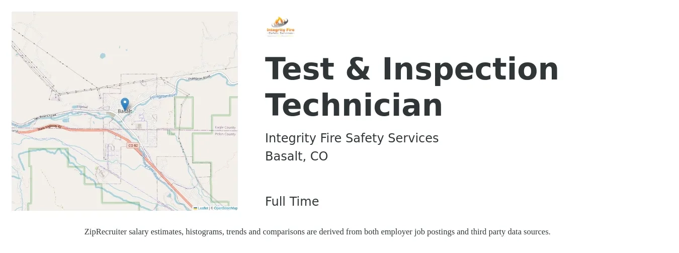 Integrity Fire Safety Services job posting for a Test & Inspection Technician in Basalt, CO with a salary of $20 to $40 Hourly with a map of Basalt location.