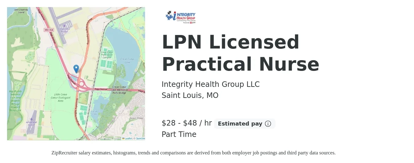 Integrity Health Group LLC job posting for a LPN Licensed Practical Nurse in Saint Louis, MO with a salary of $30 to $50 Hourly with a map of Saint Louis location.