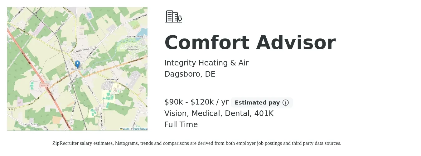 Integrity Heating & Air job posting for a Comfort Advisor in Dagsboro, DE with a salary of $90,000 to $120,000 Yearly and benefits including 401k, dental, medical, and vision with a map of Dagsboro location.