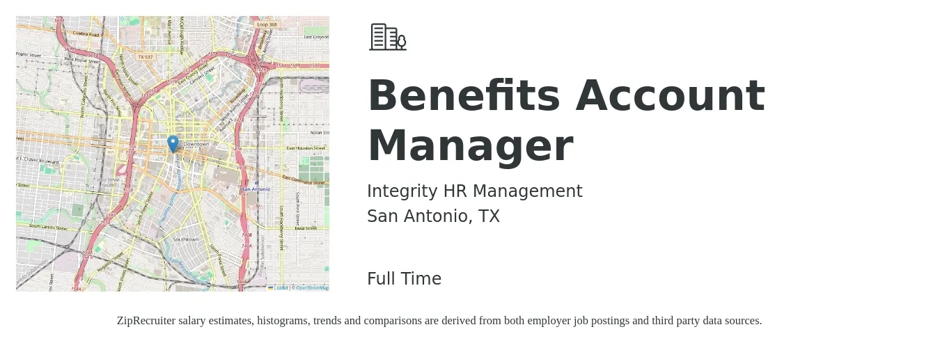 Integrity HR Management job posting for a Benefits Account Manager in San Antonio, TX with a salary of $43,300 to $70,800 Yearly with a map of San Antonio location.