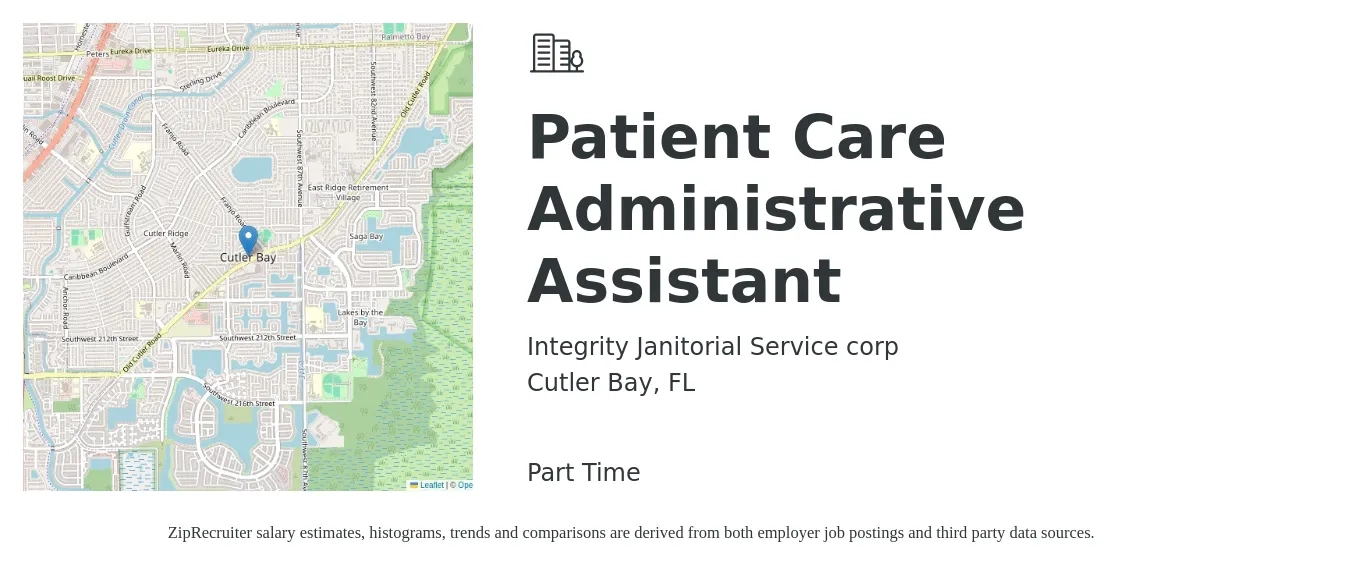 Integrity Janitorial Service corp job posting for a Patient Care Administrative Assistant in Cutler Bay, FL with a salary of $16 to $22 Hourly with a map of Cutler Bay location.