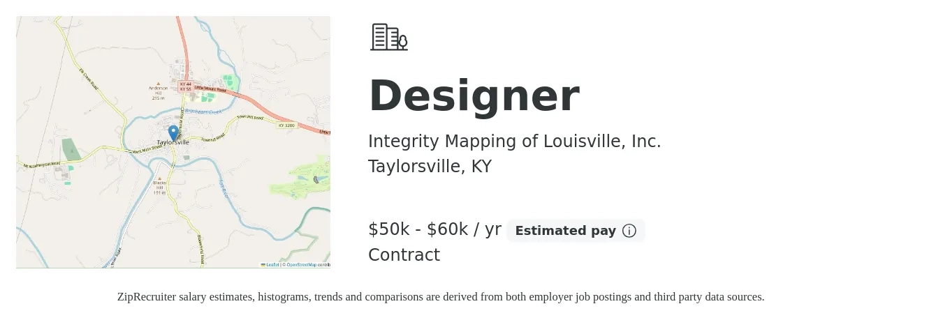Integrity Mapping of Louisville, Inc. job posting for a Designer in Taylorsville, KY with a salary of $50,000 to $60,000 Yearly with a map of Taylorsville location.
