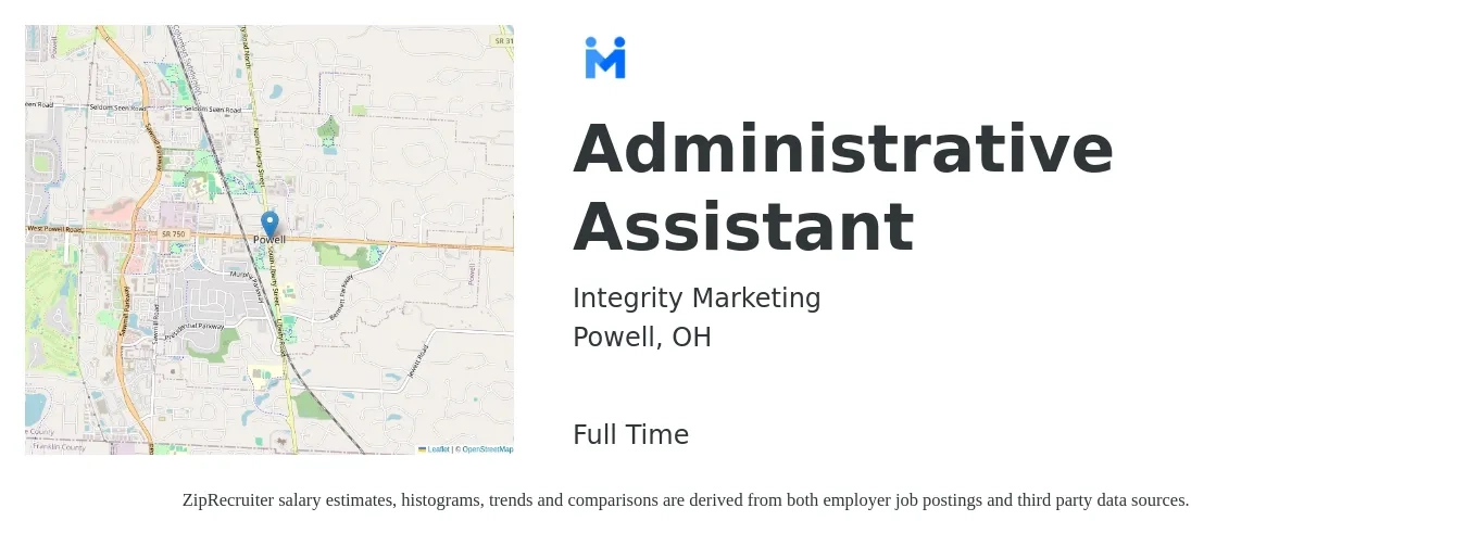 Integrity Marketing job posting for a Administrative Assistant in Powell, OH with a salary of $17 to $23 Hourly with a map of Powell location.