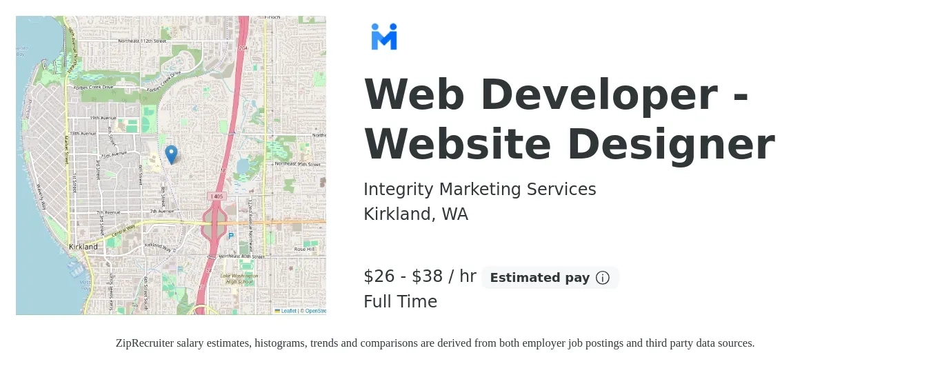 Integrity Marketing Services job posting for a Web Developer - Website Designer in Kirkland, WA with a salary of $28 to $40 Hourly with a map of Kirkland location.