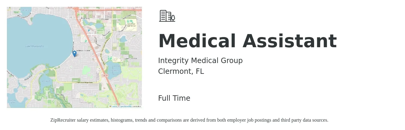 Integrity Medical Group job posting for a Medical Assistant in Clermont, FL with a salary of $17 to $19 Hourly with a map of Clermont location.