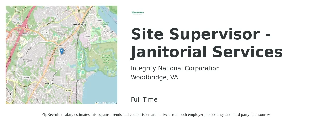 Integrity National Corporation job posting for a Site Supervisor - Janitorial Services in Woodbridge, VA with a salary of $15 to $20 Hourly with a map of Woodbridge location.