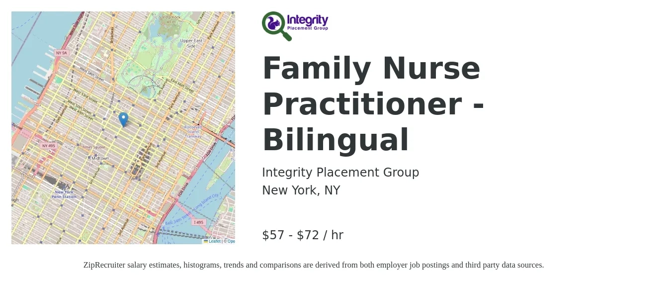 Integrity Placement Group job posting for a Family Nurse Practitioner - Bilingual in New York, NY with a salary of $60 to $75 Hourly with a map of New York location.