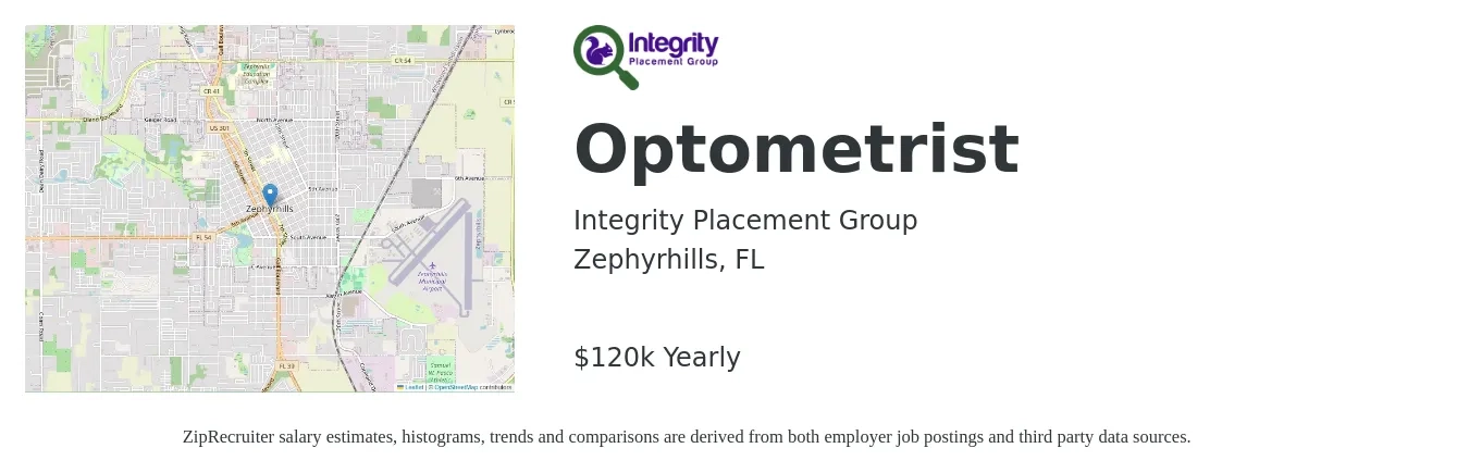 Integrity Placement Group job posting for a Optometrist in Zephyrhills, FL with a salary of $120,000 Yearly with a map of Zephyrhills location.