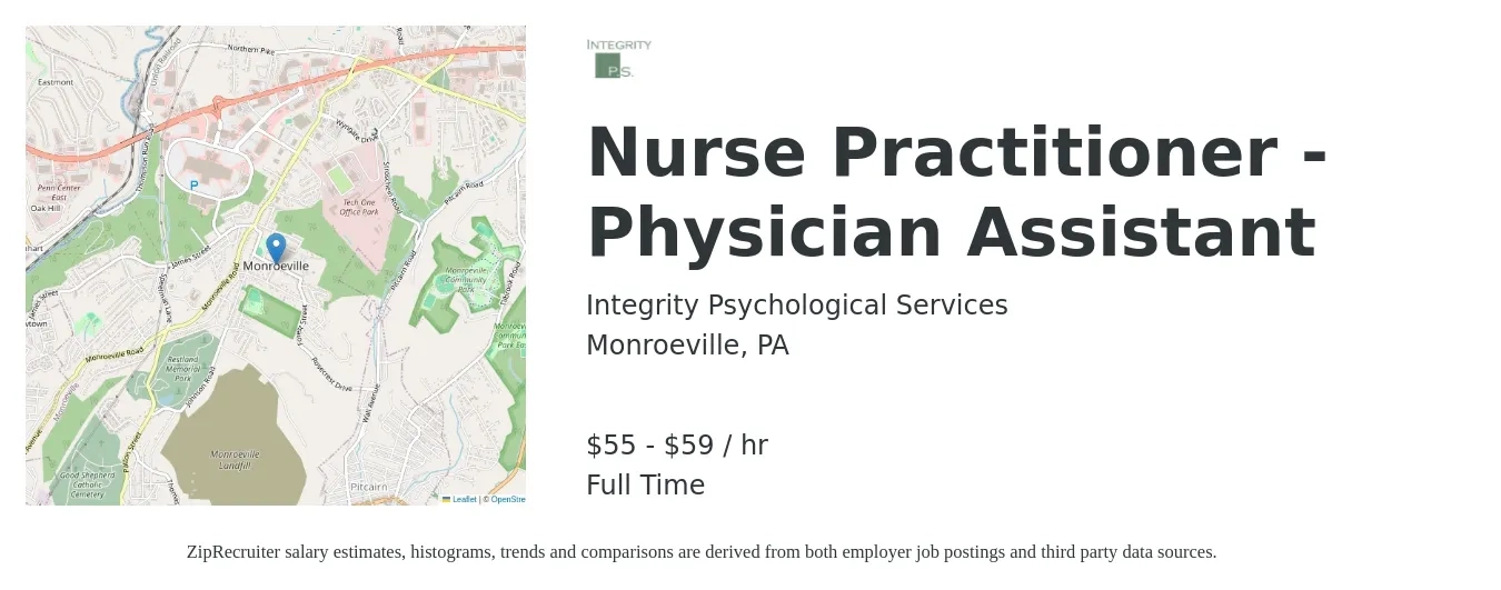 Integrity Psychological Services job posting for a Nurse Practitioner - Physician Assistant in Monroeville, PA with a salary of $58 to $62 Hourly with a map of Monroeville location.