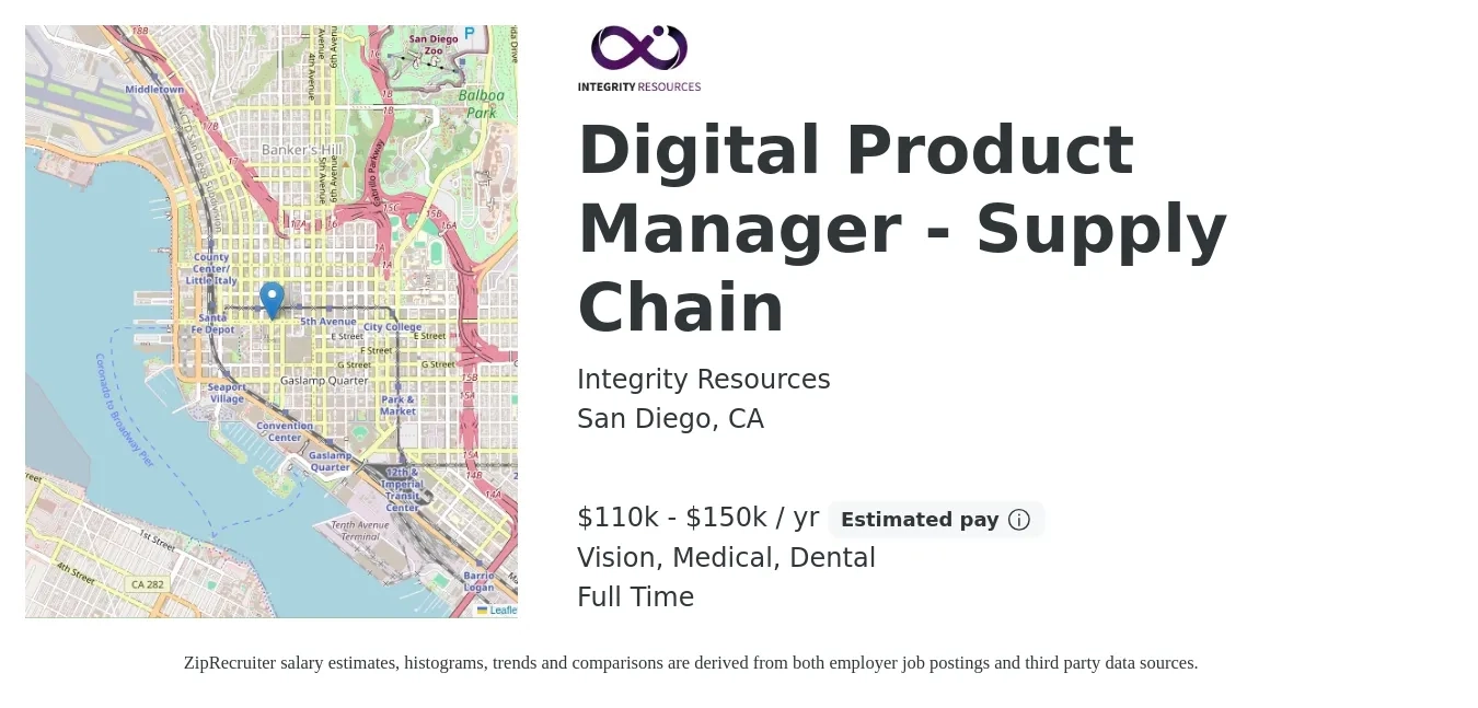 Integrity Resources job posting for a Digital Product Manager - Supply Chain in San Diego, CA with a salary of $110,000 to $150,000 Yearly and benefits including retirement, vision, dental, life_insurance, and medical with a map of San Diego location.