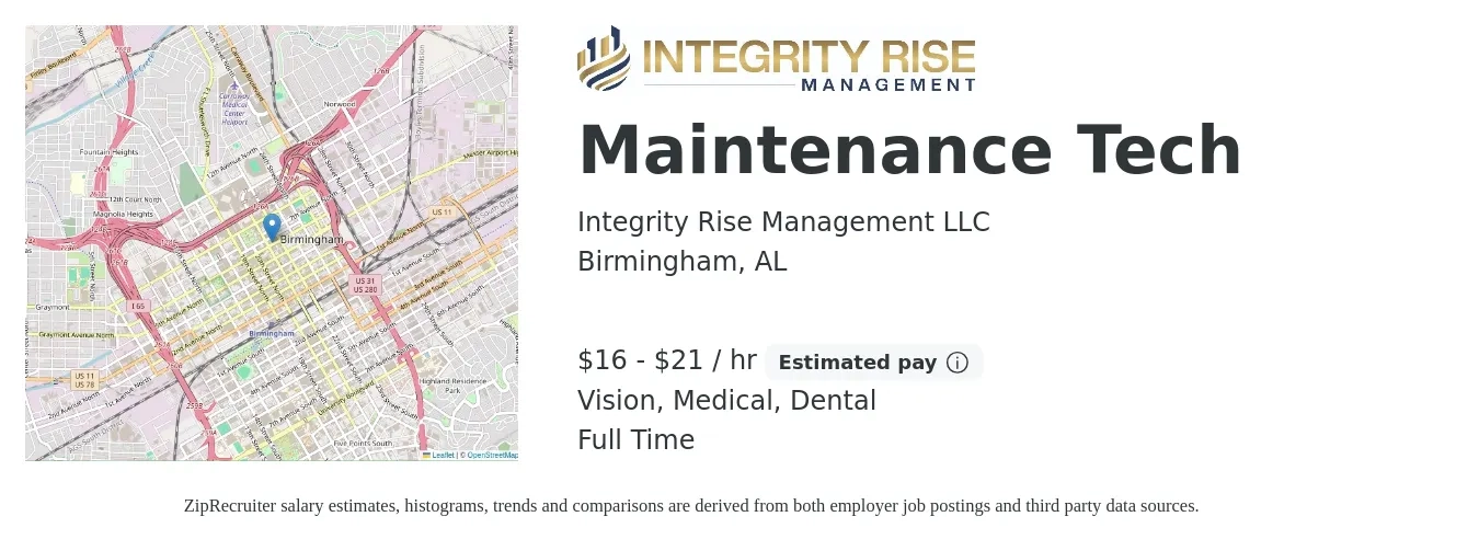 Integrity Rise Management LLC job posting for a Maintenance Tech in Birmingham, AL with a salary of $17 to $22 Hourly and benefits including vision, dental, life_insurance, medical, pto, and retirement with a map of Birmingham location.