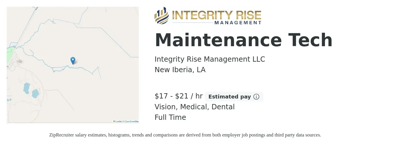Integrity Rise Management LLC job posting for a Maintenance Tech in New Iberia, LA with a salary of $18 to $22 Hourly and benefits including dental, life_insurance, medical, pto, retirement, and vision with a map of New Iberia location.