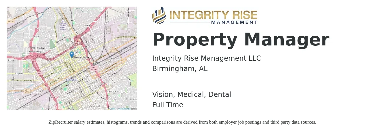 Integrity Rise Management LLC job posting for a Property Manager in Birmingham, AL with a salary of $41,200 to $63,700 Yearly and benefits including vision, dental, life_insurance, medical, pto, and retirement with a map of Birmingham location.