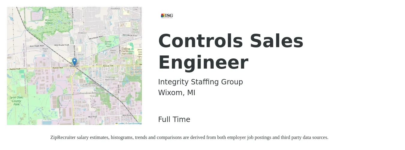 Integrity Staffing Group job posting for a Controls Sales Engineer in Wixom, MI with a salary of $130,000 to $150,000 Yearly with a map of Wixom location.