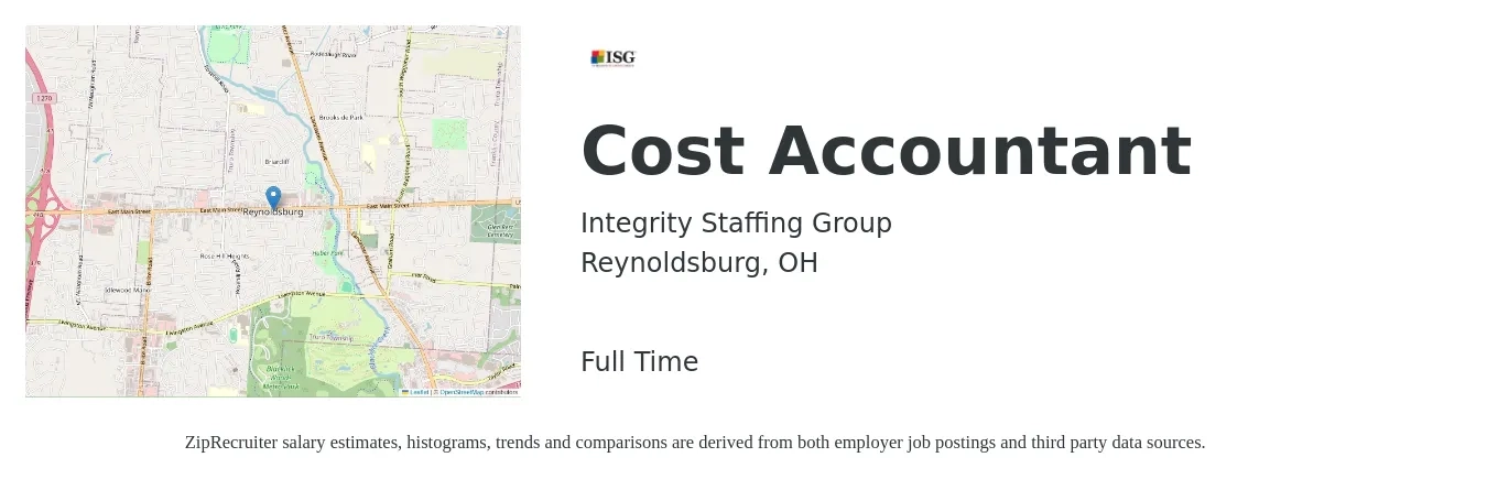 Integrity Staffing Group job posting for a Cost Accountant in Reynoldsburg, OH with a salary of $70,000 to $90,000 Yearly with a map of Reynoldsburg location.