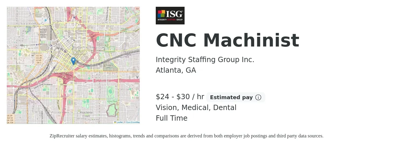 Integrity Staffing Group Inc. job posting for a CNC Machinist in Atlanta, GA with a salary of $25 to $32 Hourly and benefits including vision, dental, life_insurance, medical, pto, and retirement with a map of Atlanta location.