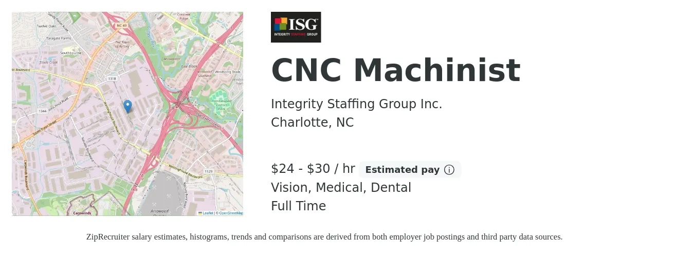 Integrity Staffing Group Inc. job posting for a CNC Machinist in Charlotte, NC with a salary of $25 to $32 Hourly and benefits including dental, life_insurance, medical, pto, retirement, and vision with a map of Charlotte location.