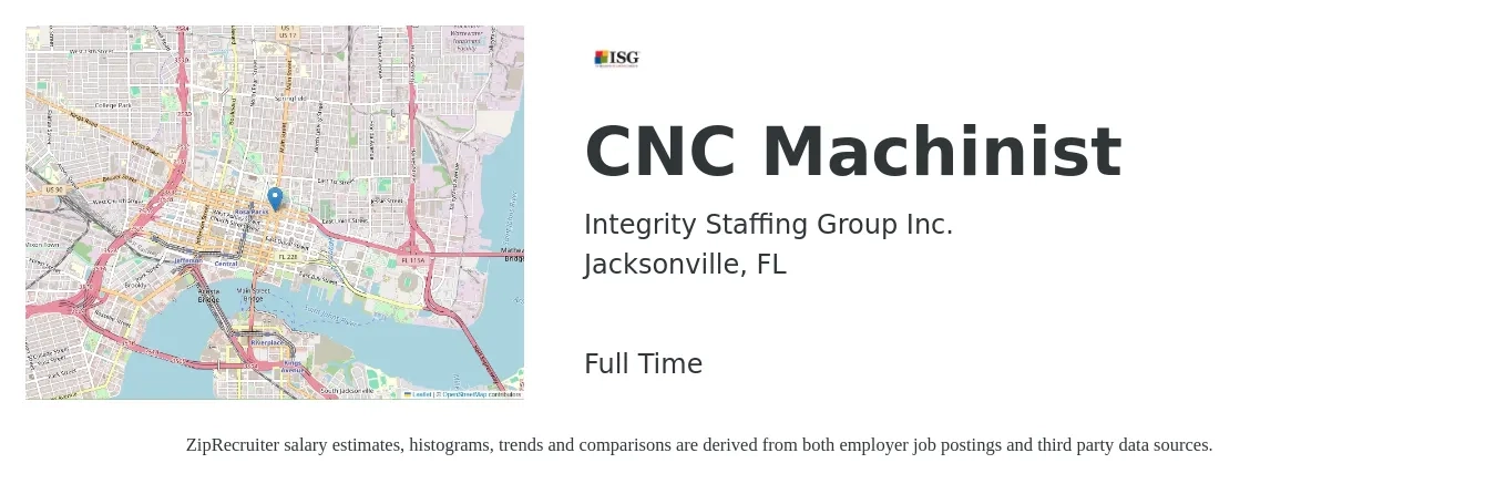 Integrity Staffing Group job posting for a CNC Machinist in Jacksonville, FL with a salary of $25 to $32 Hourly with a map of Jacksonville location.