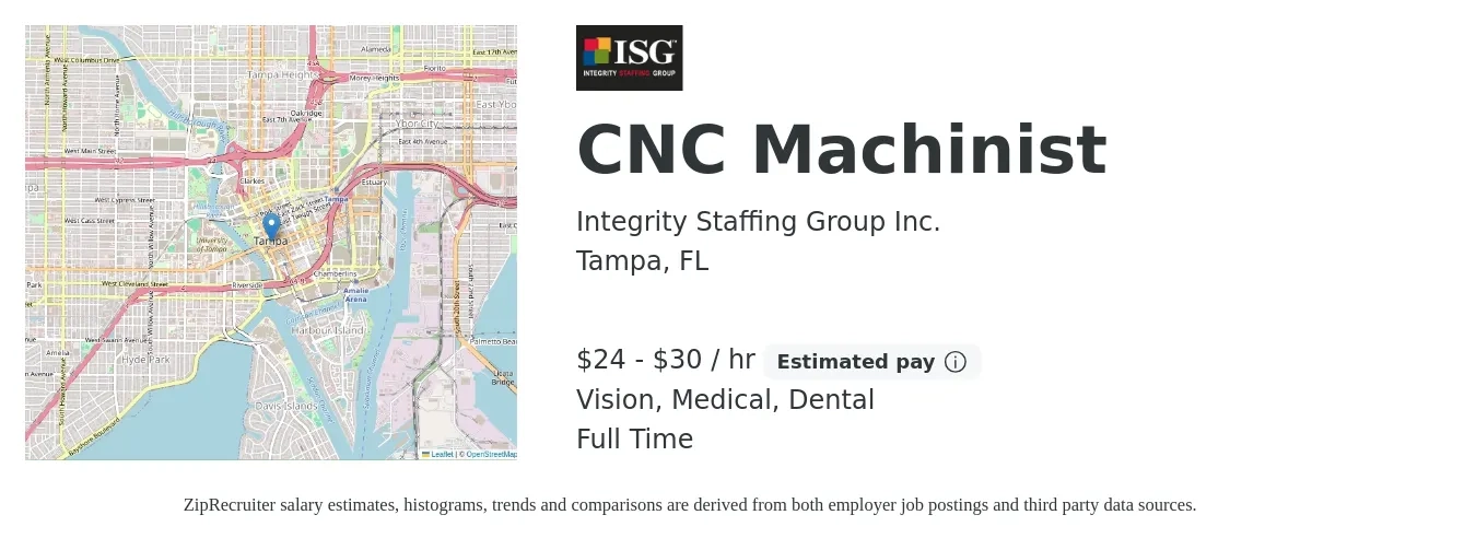 Integrity Staffing Group Inc. job posting for a CNC Machinist in Tampa, FL with a salary of $25 to $32 Hourly and benefits including vision, dental, life_insurance, medical, pto, and retirement with a map of Tampa location.