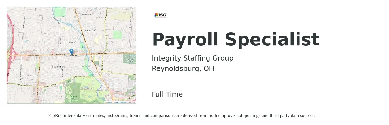 Integrity Staffing Group job posting for a Payroll Specialist in Reynoldsburg, OH with a salary of $50,000 to $70,000 Yearly with a map of Reynoldsburg location.