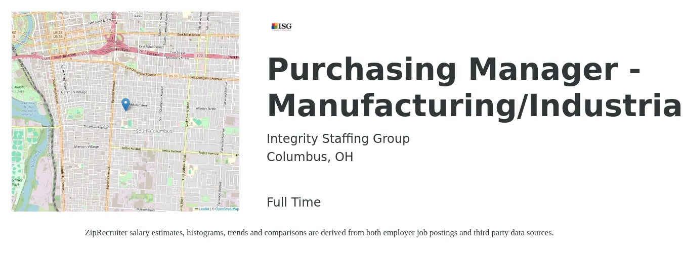 Integrity Staffing Group job posting for a Purchasing Manager - Manufacturing/Industrial in Columbus, OH with a salary of $80,000 to $115,000 Yearly with a map of Columbus location.