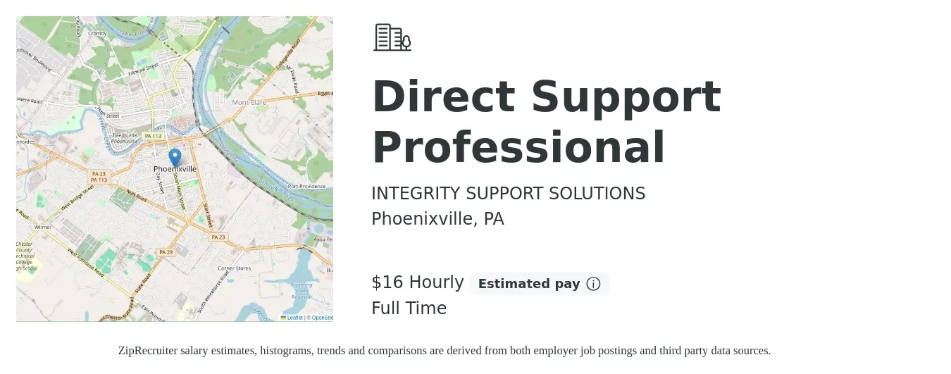 INTEGRITY SUPPORT SOLUTIONS job posting for a Direct Support Professional in Phoenixville, PA with a salary of $17 Hourly with a map of Phoenixville location.