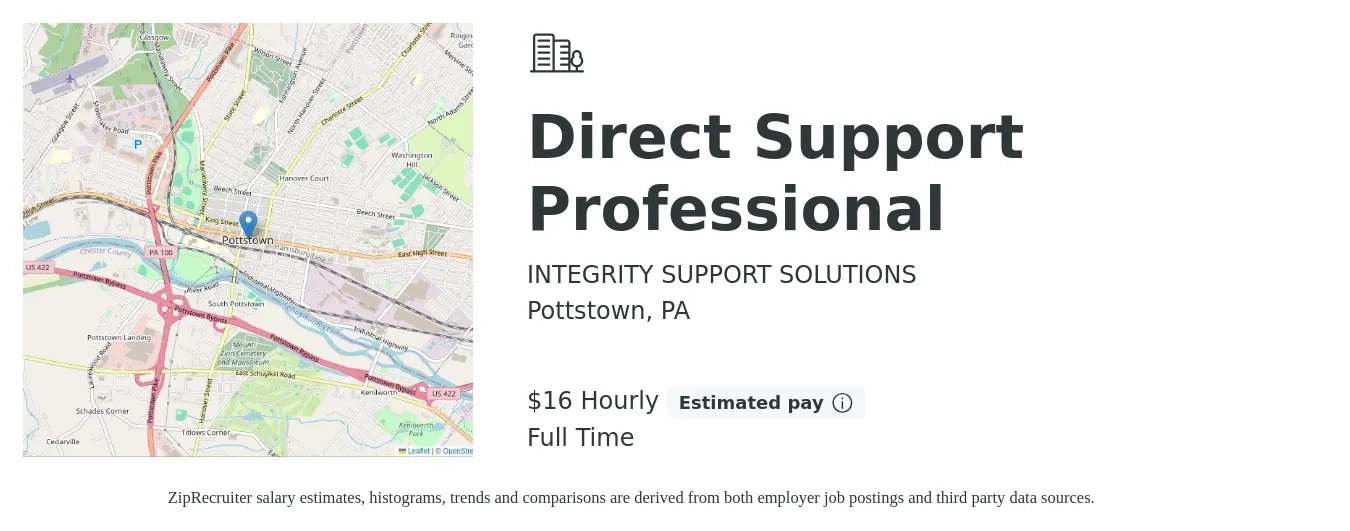 INTEGRITY SUPPORT SOLUTIONS job posting for a Direct Support Professional in Pottstown, PA with a salary of $17 Hourly with a map of Pottstown location.