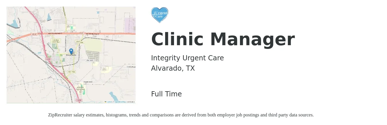Integrity Urgent Care job posting for a Clinic Manager in Alvarado, TX with a salary of $57,700 to $79,800 Yearly with a map of Alvarado location.