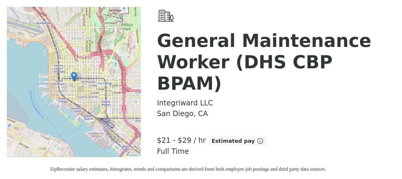 Integriward LLC job posting for a General Maintenance Worker (DHS CBP BPAM) in San Diego, CA with a salary of $23 to $31 Hourly with a map of San Diego location.