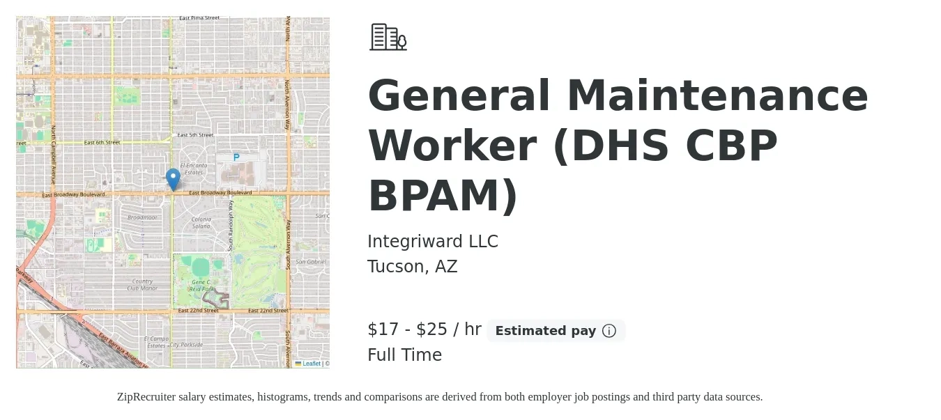 Integriward LLC job posting for a General Maintenance Worker (DHS CBP BPAM) in Tucson, AZ with a salary of $19 to $27 Hourly with a map of Tucson location.