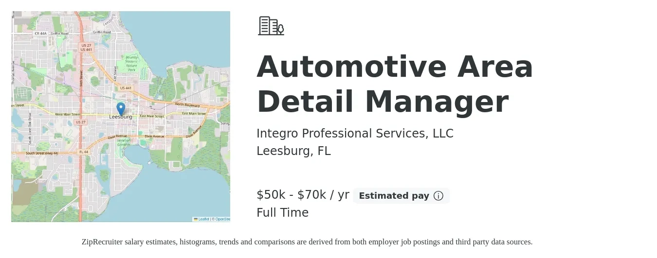 Integro Professional Services, LLC job posting for a Automotive Area Detail Manager in Leesburg, FL with a salary of $50,000 to $70,000 Yearly with a map of Leesburg location.