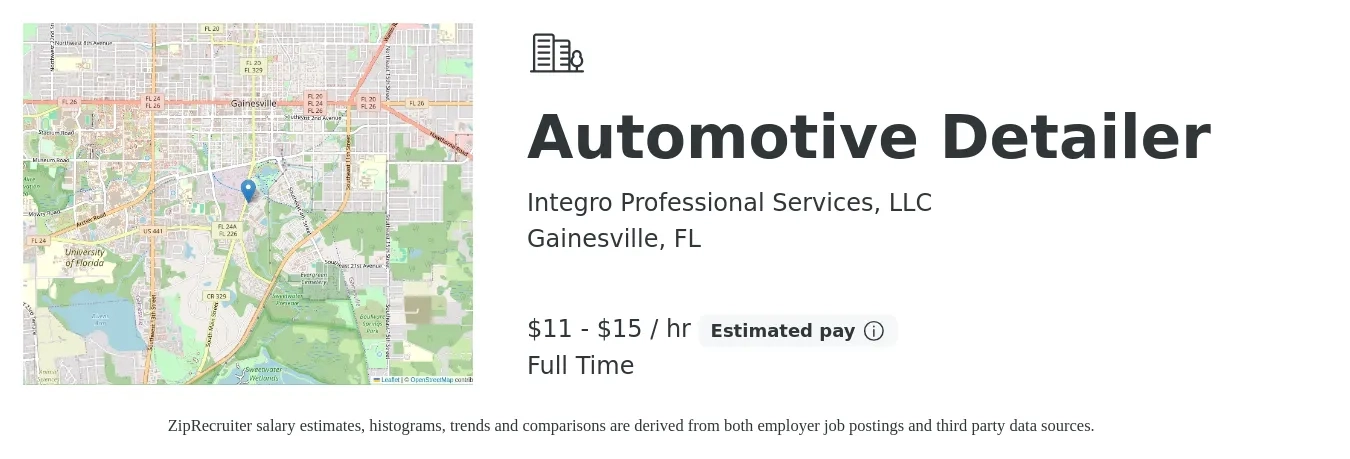Integro Professional Services, LLC job posting for a Automotive Detailer in Gainesville, FL with a salary of $12 to $16 Hourly with a map of Gainesville location.