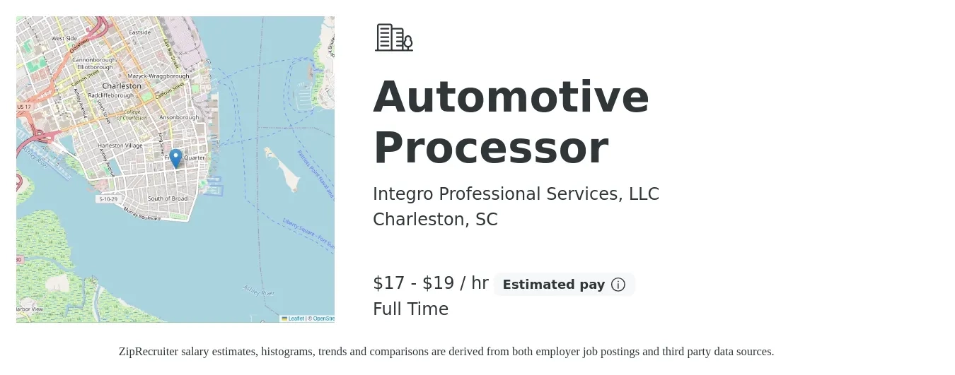 Integro Professional Services, LLC job posting for a Automotive Processor in Charleston, SC with a salary of $18 to $20 Hourly with a map of Charleston location.
