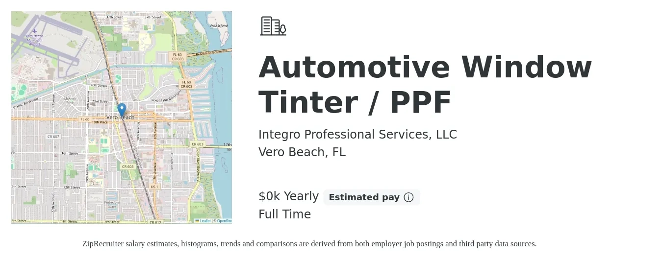 Integro Professional Services, LLC job posting for a Automotive Window Tinter / PPF in Vero Beach, FL with a salary of $15 to $17 Yearly with a map of Vero Beach location.