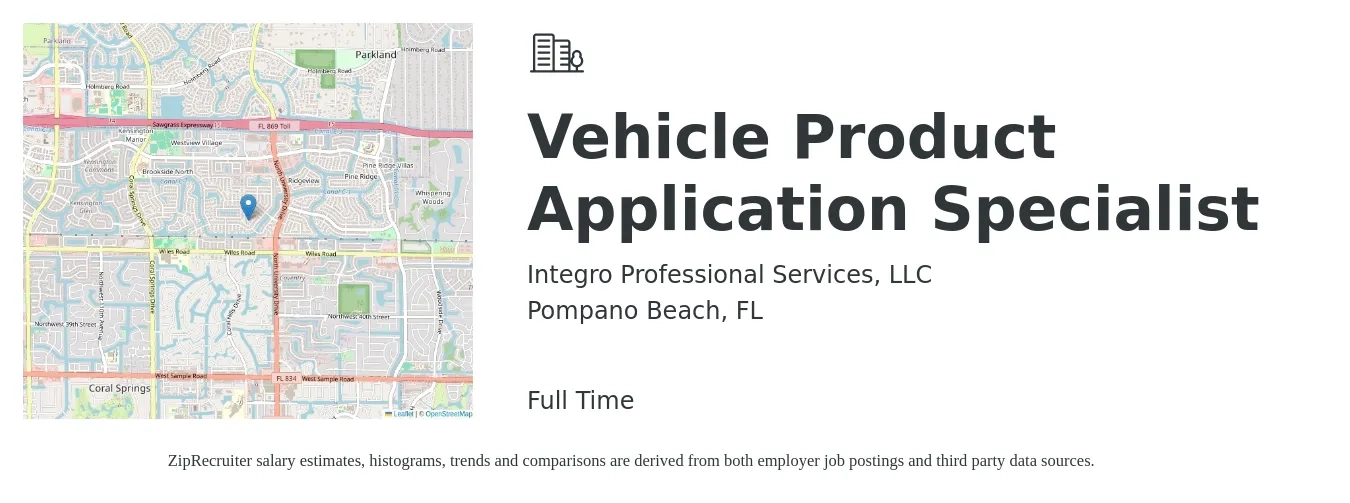 Integro Professional Services, LLC job posting for a Vehicle Product Application Specialist in Pompano Beach, FL with a salary of $13 to $18 Hourly with a map of Pompano Beach location.