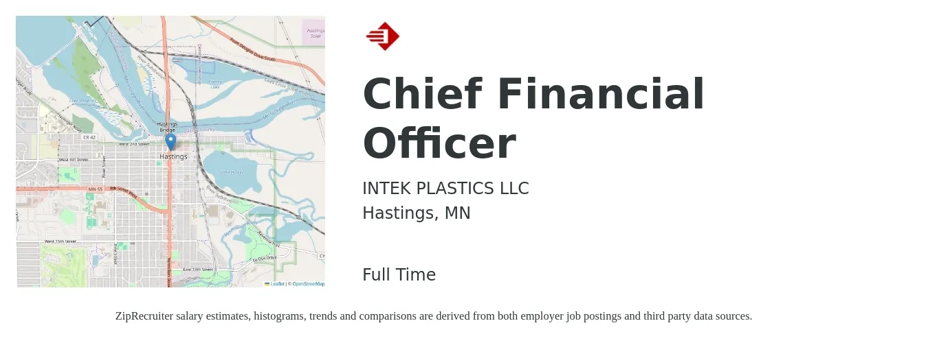 Intek Plastics job posting for a Chief Financial Officer in Hastings, MN with a salary of $143,700 to $407,700 Yearly with a map of Hastings location.