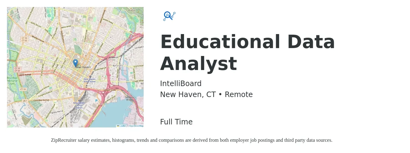 IntelliBoard job posting for a Educational Data Analyst in New Haven, CT with a salary of $62,900 to $97,600 Yearly with a map of New Haven location.